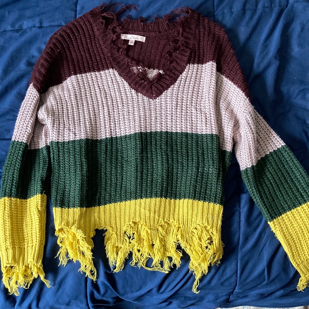 Striped distressed sweater loose v-neck ribbed knit